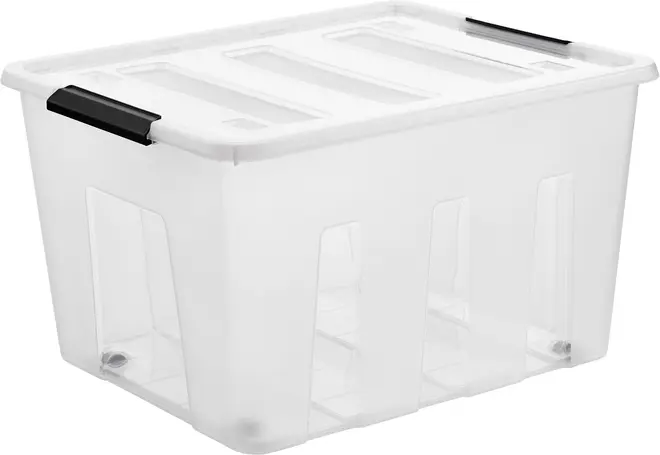 Klar plast opbevaringsboks med hvidt låg og sorte håndtag. Rektangulær form, stabelbar, ideel til organisering af husholdningsartikler, legetøj eller tøj. Robust og let konstruktion.