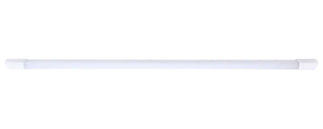 Lang slank hvid LED-rørpære med afrundede ender og lette metalbeslag, vist vandret på sort baggrund.