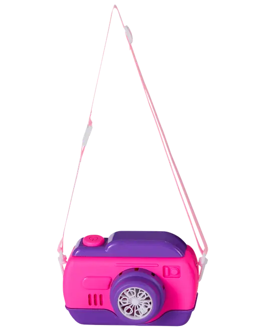 Legetøjskamera til børn i lyserød og lilla plast, med dekorativ linse og lyserød rem. Perfekt til fantasifuld leg, let og nem at holde.