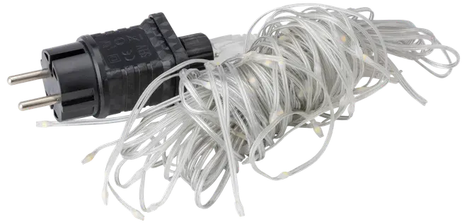 Klar ljusslinga med små LED-lampor och svart europeisk tvåpolig kontakt. Transparent kabel, passar för dekorativ belysning inomhus eller utomhus.