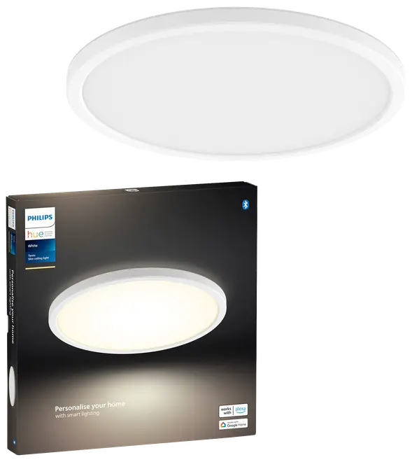 Rund, slank hvid loftslampe fra Philips Hue. Smart LED, kompatibel med Alexa og Google Home. Moderne, flad montering for jævn, blød belysning. Inkluderer detailæske.