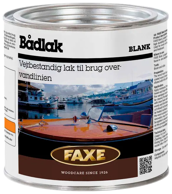 FAXE bådlak, vejrbestandig, til brug over vandlinjen. Metal dåse med billede af træbåddæk, egnet til træbeskyttelse og finish. Blank lak, 1 liter.