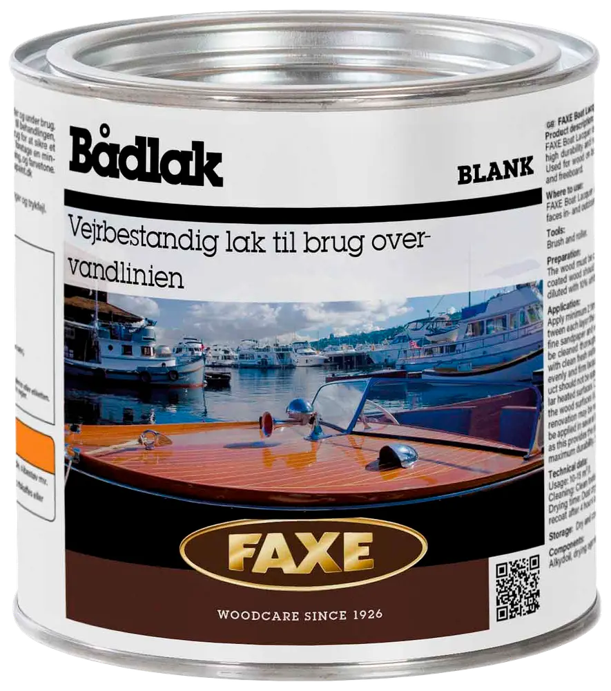 FAXE bådlak, vejrbestandig, til brug over vandlinjen. Metal dåse med billede af træbåddæk, egnet til træbeskyttelse og finish. Blank lak, 1 liter.