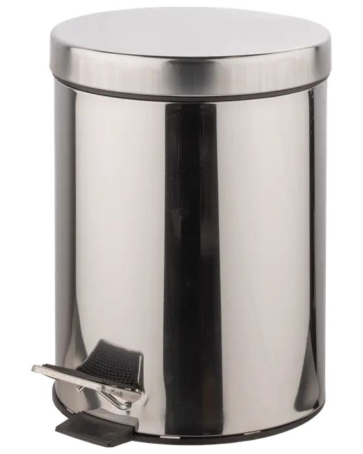 Rund pedalspand i rustfrit stål med fladt låg og fodpedal for håndfri åbning. Glat, blank overflade. Kompakt og moderne design til køkken eller badeværelse.