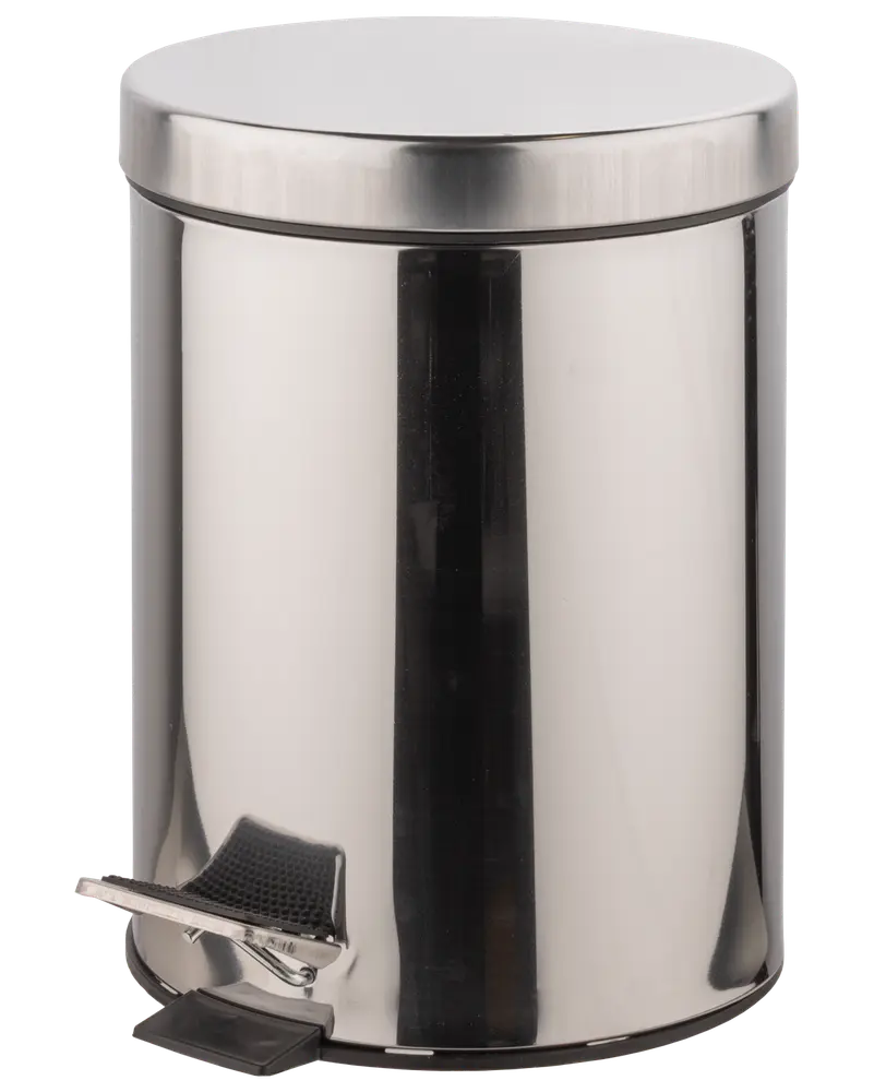 Rund pedalhink i rostfritt stål med platt lock och fotpedal för handsfree-öppning. Slät, blank yta. Kompakt och modern design för kök eller badrum.
