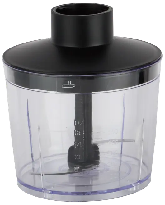 Gennemsigtig plasthakker med målemarkeringer, sort låg og indvendig rustfri stålkniv. Passer til køkkenmaskiner til hakning af grøntsager, nødder og lignende.
