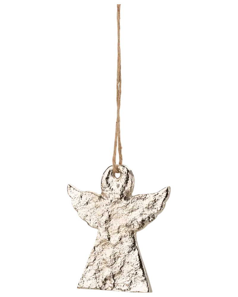 Rustik ängelprydnad med texturerad, offwhite yta och jutesnöre för upphängning. Perfekt som julgransdekoration eller festlig inredning. Lätt material för enkel upphängning.