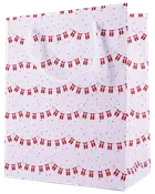 Hvid gavepose med rødt dannebrogsflag-guirlande mønster, røde prikker og hvide snorehåndtag. Mellemstørrelse, velegnet til gaver eller festartikler. Festligt og dekorativt design.