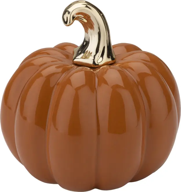 Keramisk græskarpynt med blank orange overflade og skinnende guldfarvet stilk. Glat, rund form, perfekt til efterårs- eller Halloween-dekoration.