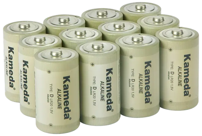 Förpackning med tolv Kameda alkaliska D-batterier, typ LR20, 1,5V. Cylindrisk form, metalltopp och beige kropp, passar till strömkrävande apparater.