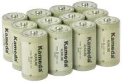Förpackning med tolv Kameda alkaliska D-batterier, typ LR20, 1,5V. Cylindrisk form, metalltopp och beige kropp, passar till strömkrävande apparater.