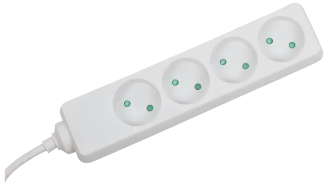 Hvid stikdåse med fire runde europæiske stikudtag. Velegnet til tilslutning af flere elektriske apparater. Har ledning i den ene ende. Enkel og kompakt til hjem eller kontor.