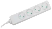 Hvid stikdåse med fire runde europæiske stikudtag. Velegnet til tilslutning af flere elektriske apparater. Har ledning i den ene ende. Enkel og kompakt til hjem eller kontor.