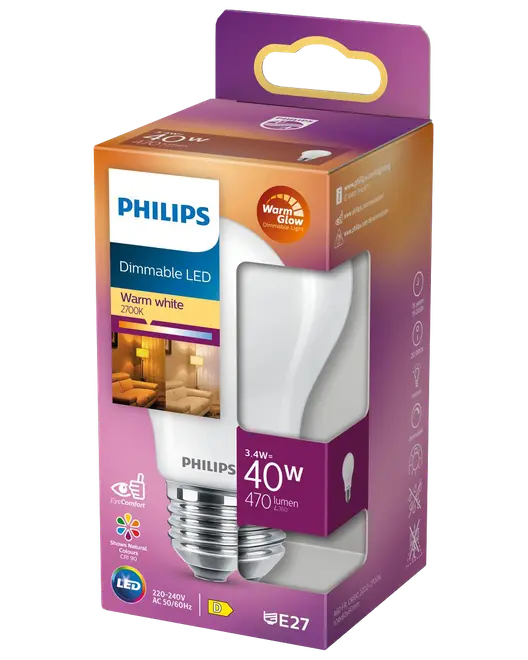 PHILIPS LED normallampa 3,4W E27 A60 dimbar