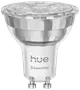 LED-spotpære med GU10-fatning, klart tekstureret glas, sølvrefleksbånd og 'hue Essential'-mærke. Moderne design, energieffektiv og nem at installere.