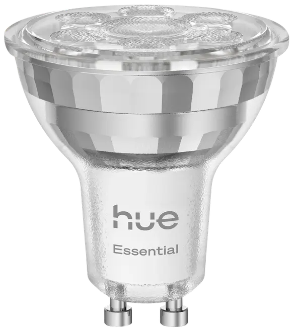 LED-spotpære med GU10-fatning, klart tekstureret glas, sølvrefleksbånd og 'hue Essential'-mærke. Moderne design, energieffektiv og nem at installere.
