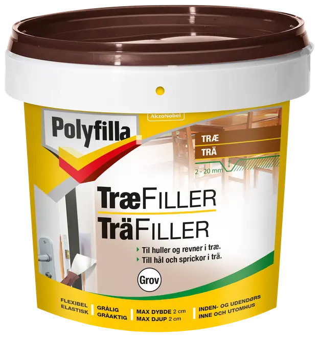 Polyfilla Træfiller, grov, til udfyldning af huller og revner i træ, fleksibel, grålig, til indendørs og udendørs brug, maksimal dybde 2 cm, 2-20 mm lagtykkelse.