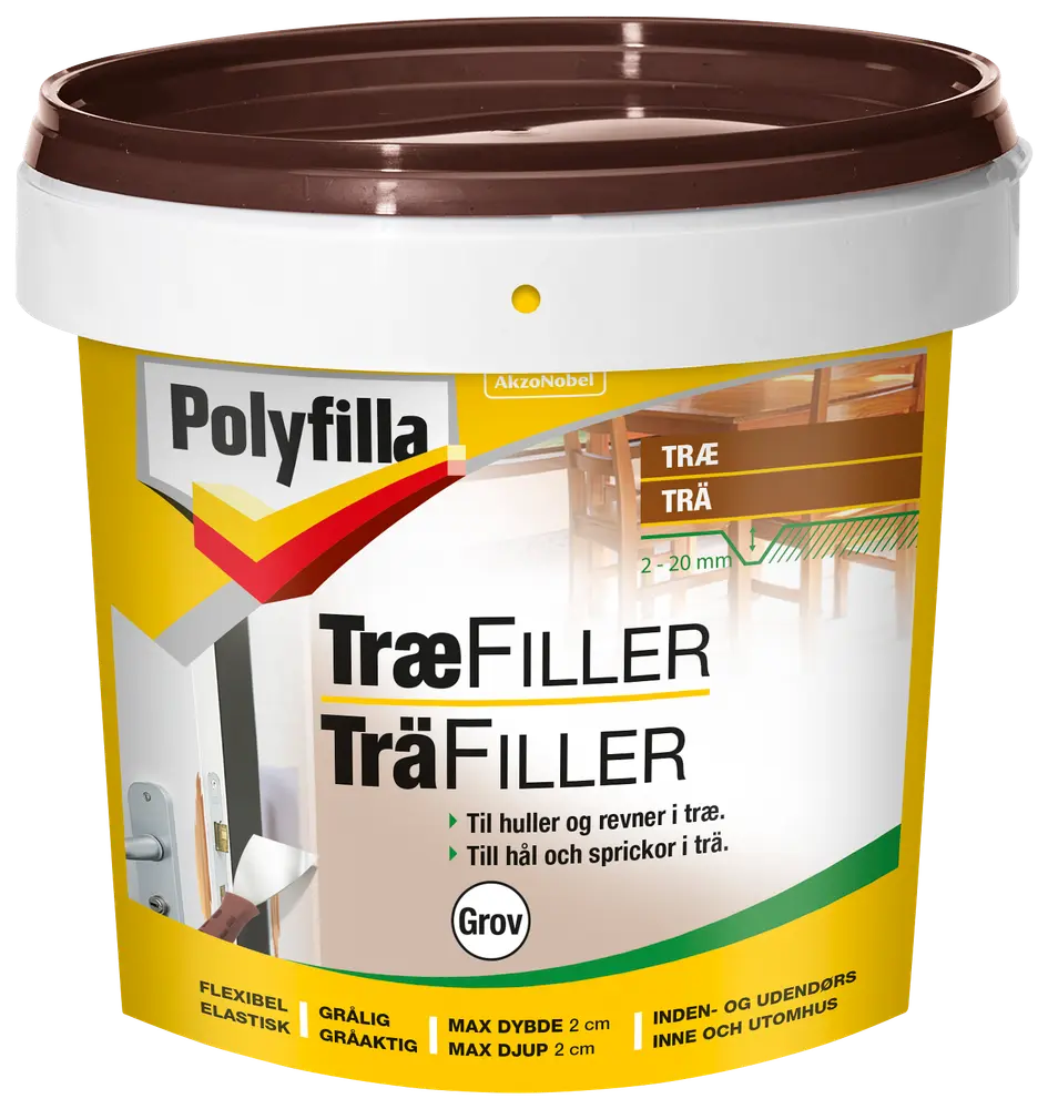 Polyfilla Træfiller, grov, til udfyldning af huller og revner i træ, fleksibel, grålig, til indendørs og udendørs brug, maksimal dybde 2 cm, 2-20 mm lagtykkelse.