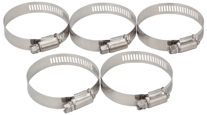 Sæt med fem slangeklemmer i rustfrit stål med skruegevind, justerbar størrelse, slidset bånd og skrue til fastgørelse af slanger eller rør i VVS eller bilindustrien.