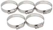 Sæt med fem slangeklemmer i rustfrit stål med skruegevind, justerbar størrelse, slidset bånd og skrue til fastgørelse af slanger eller rør i VVS eller bilindustrien.