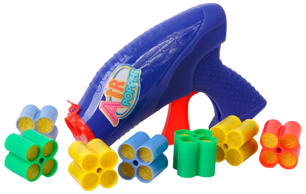 Blå plastleksakspistol Air Popper med röd avtryckare, flera färgglada skumdartkluster i gult, grönt, blått och rött. Säker för inomhuslek för barn.
