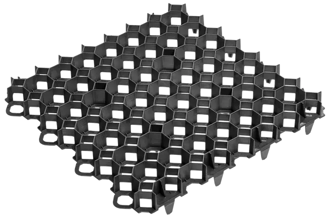Svart plastgaller med sexkantiga celler, avsett för markförstärkning eller grässkydd. Kanterna kan kopplas ihop för att fästa flera paneler tillsammans.