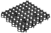 Svart plastgaller med sexkantiga celler, avsett för markförstärkning eller grässkydd. Kanterna kan kopplas ihop för att fästa flera paneler tillsammans.