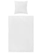 Enkelt hvidt sengesæt med dynebetræk og pudebetræk. Lavet af glat stof, har et ensfarvet design uden mønstre eller pynt. Passer til minimalistisk eller moderne indretning.