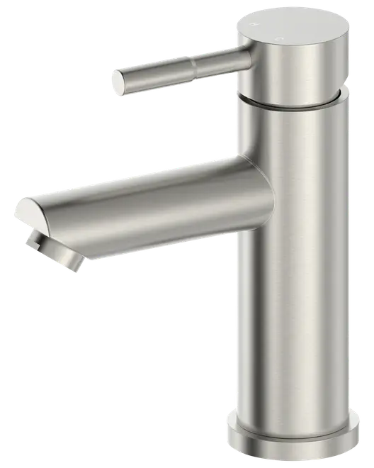 Moderne badeværelsesarmatur i børstet rustfrit stål med cylindrisk krop, enkelt greb og lige tud. Elegant, minimalistisk design til nem montering i én hul.