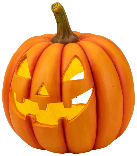 Orange udskåret græskar med smilende halloween-ansigt og stilk.