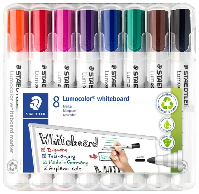 Sæt med 8 Staedtler Lumocolor whiteboard tuscher i forskellige farver, tør-af, hurtigtørrende, 2,0 mm spids, genopfyldelig, flysikker, lavet i Tyskland, i plastetui.
