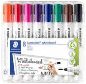 Sæt med 8 Staedtler Lumocolor whiteboard tuscher i forskellige farver, tør-af, hurtigtørrende, 2,0 mm spids, genopfyldelig, flysikker, lavet i Tyskland, i plastetui.