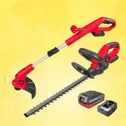 Trådløst havesæt med rød hækkeklipper, græstrimmer, genopladeligt batteri og oplader. Ergonomiske håndtag, let design og holdbare klinger til effektiv havepleje.