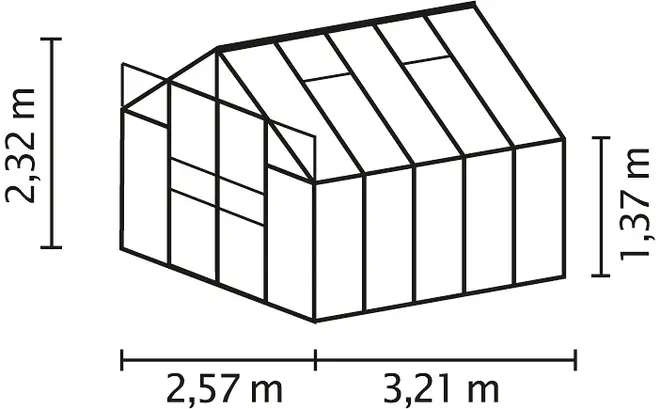 Linjeteckning av växthus med mått: 2,32 m höjd, 2,57 m bredd, 3,21 m längd, 1,37 m sidoväggshöjd. Rektangulära paneler, sadeltak.