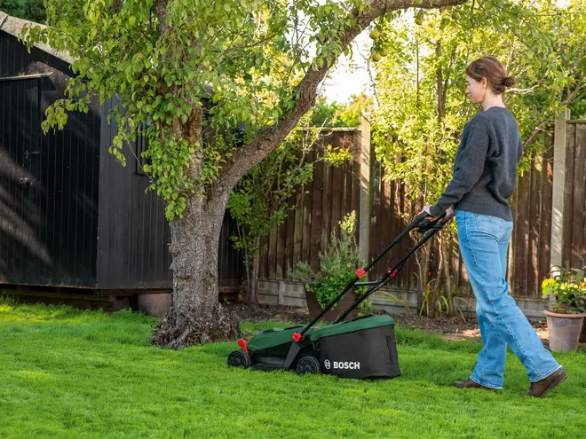 Bosch elektrisk plæneklipper med sort og grøn krop, ergonomisk håndtag og græsopsamler. Velegnet til små og mellemstore haver, let at manøvrere på græsplænen.