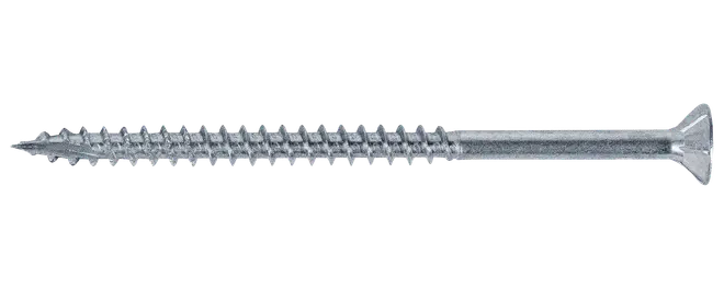 Lang sølvfarvet metalskrue med groft gevind, spids ende og fladt forsænket hoved til fastgøring af træ eller byggematerialer.