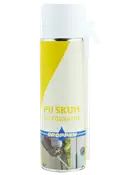 En dåse PU skum fugemasse med hvidt og gult mærkat, bruges til udfyldning af huller og isolering. Mærke: Droppen. Velegnet til byggeri og gør-det-selv.