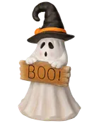 Halloween-spøgelsesfigur med heksehat og orange bånd, der holder et træskilt med teksten BOO.