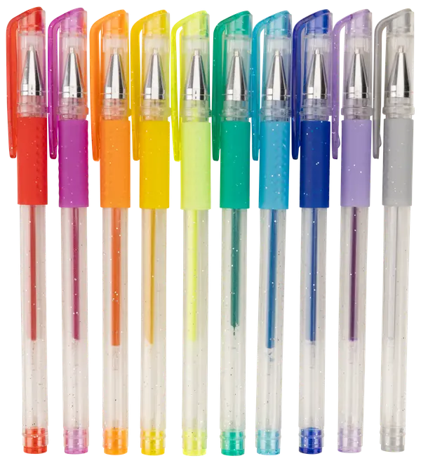 Set med 12 gelpennor med genomskinliga kroppar och färgade korkar, varje penna har olika livfull bläckfärg. Perfekt för skrivning, teckning eller färgläggning.