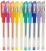 Set med 12 gelpennor med genomskinliga kroppar och färgade korkar, varje penna har olika livfull bläckfärg. Perfekt för skrivning, teckning eller färgläggning.