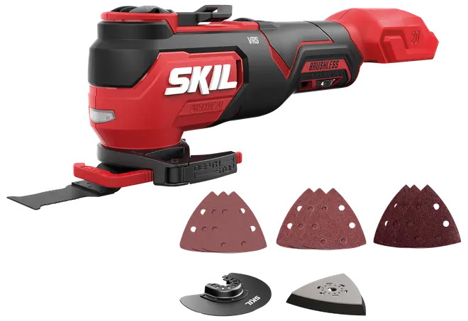 Rød og sort SKIL batteridrevet oscillerende multiværktøj med børsteløs motor, inkluderer slibepuder, skæreklinge og trekantet slibetilbehør. Velegnet til alsidige opgaver som skæring og slibning.