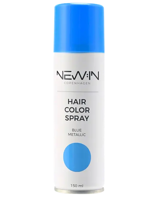 Hvid aerosolflaske med blå hætte, mærket NEW:IN Copenhagen Hair Color Spray, Blue Metallic, 150 ml.