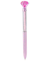A metallic pink pen featuring a large, faceted pink gem at the top. The upper barrel is transparent and filled with small, sparkling crystals, while the lower barrel is solid pink with a smooth, shiny finish. The pen has a twist mechanism and a sleek, elegant design.