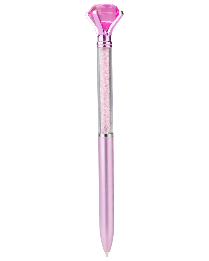 A metallic pink pen featuring a large, faceted pink gem at the top. The upper barrel is transparent and filled with small, sparkling crystals, while the lower barrel is solid pink with a smooth, shiny finish. The pen has a twist mechanism and a sleek, elegant design.