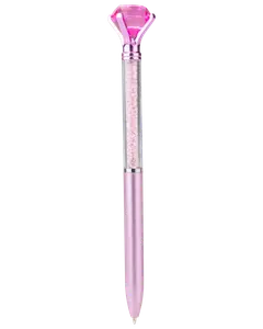 A metallic pink pen featuring a large, faceted pink gem at the top. The upper barrel is transparent and filled with small, sparkling crystals, while the lower barrel is solid pink with a smooth, shiny finish. The pen has a twist mechanism and a sleek, elegant design.