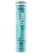 Turkis tube med Balance multivitamin-brusetabletter, tropisk frugtsmag, 20 tabletter, til 200 ml vand.