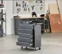 Mobil værktøjsskuffe med fem skuffer, metal konstruktion, mørkegrå finish, sølvhåndtag, låsbar top og fire hjul. Perfekt til værksteder eller garageopbevaring.