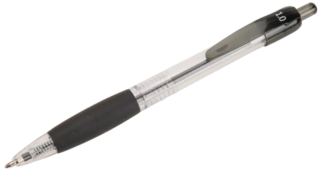 Svart kulspetspenna med genomskinlig kropp, svart gummigrepp och svart klicklock. Har metallklämma och 1,0 mm spets för jämn skrivning.