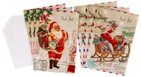 Set med julkort i vintagestil med tomteillustrationer, "God Jul"-text, festliga motiv och matchande vita kuvert. Perfekt för julhälsningar och säsongskorrespondens.