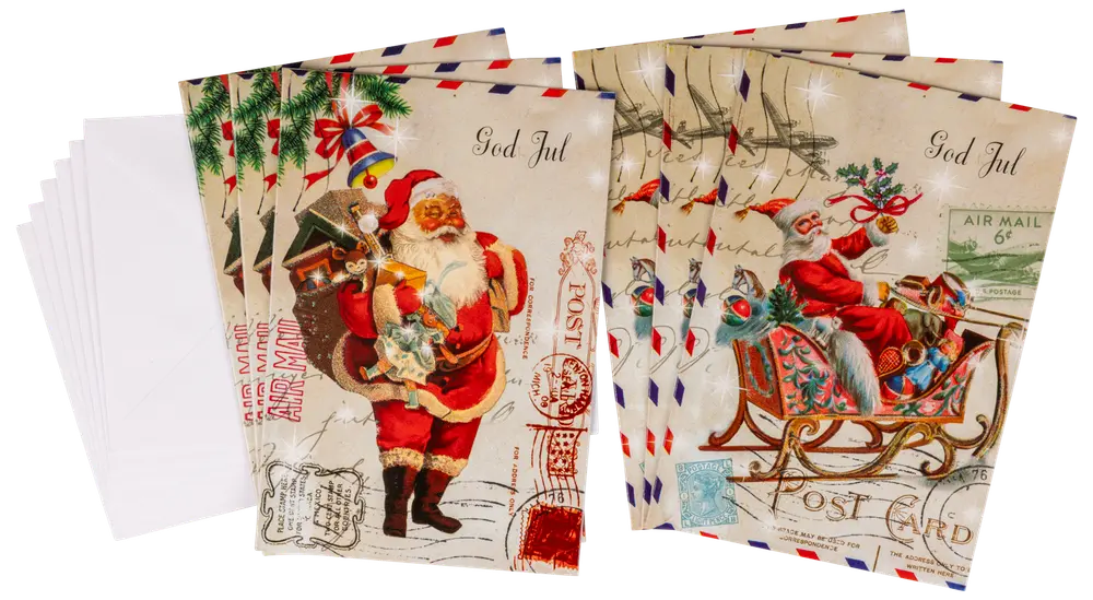 Set med julkort i vintagestil med tomteillustrationer, "God Jul"-text, festliga motiv och matchande vita kuvert. Perfekt för julhälsningar och säsongskorrespondens.